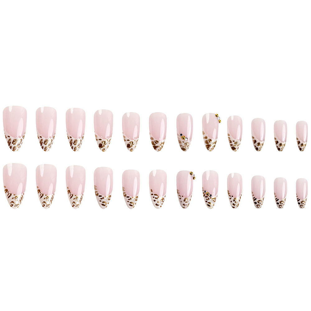 Comercio exterior 3D oro leopardo impresión de manicuras francesas dulce fresco desnudo diamante rosa desgaste de uñas 24 piezas de parche de uñas image 6