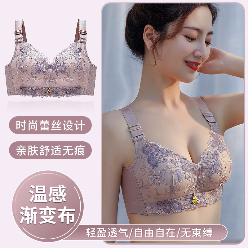 Small Breast Push-Up Bra for Women to Look Bigger and Sexy, Anti-Sagging, Secondary Breast Reduction, No Rims, Embroidered Adjustable Bra