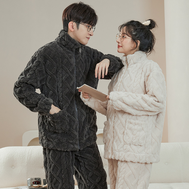 Can wear pajamas for women and men autumn and winter flannel thick stand collar zipper coral velvet couple homewear set