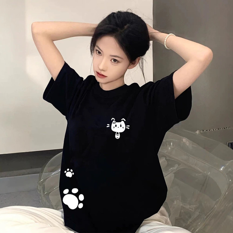Cat-Themed Black Pure Cotton Short-Sleeve T-Shirt for Women, 2026 New Popular Summer High-End Niche Non-Crowded Style Top Cat-Themed Black Pure Cotton Short-Sleeve T-Shirt for Women, 2026 New Popular Summer High-End Niche Non-Crowded Style Top