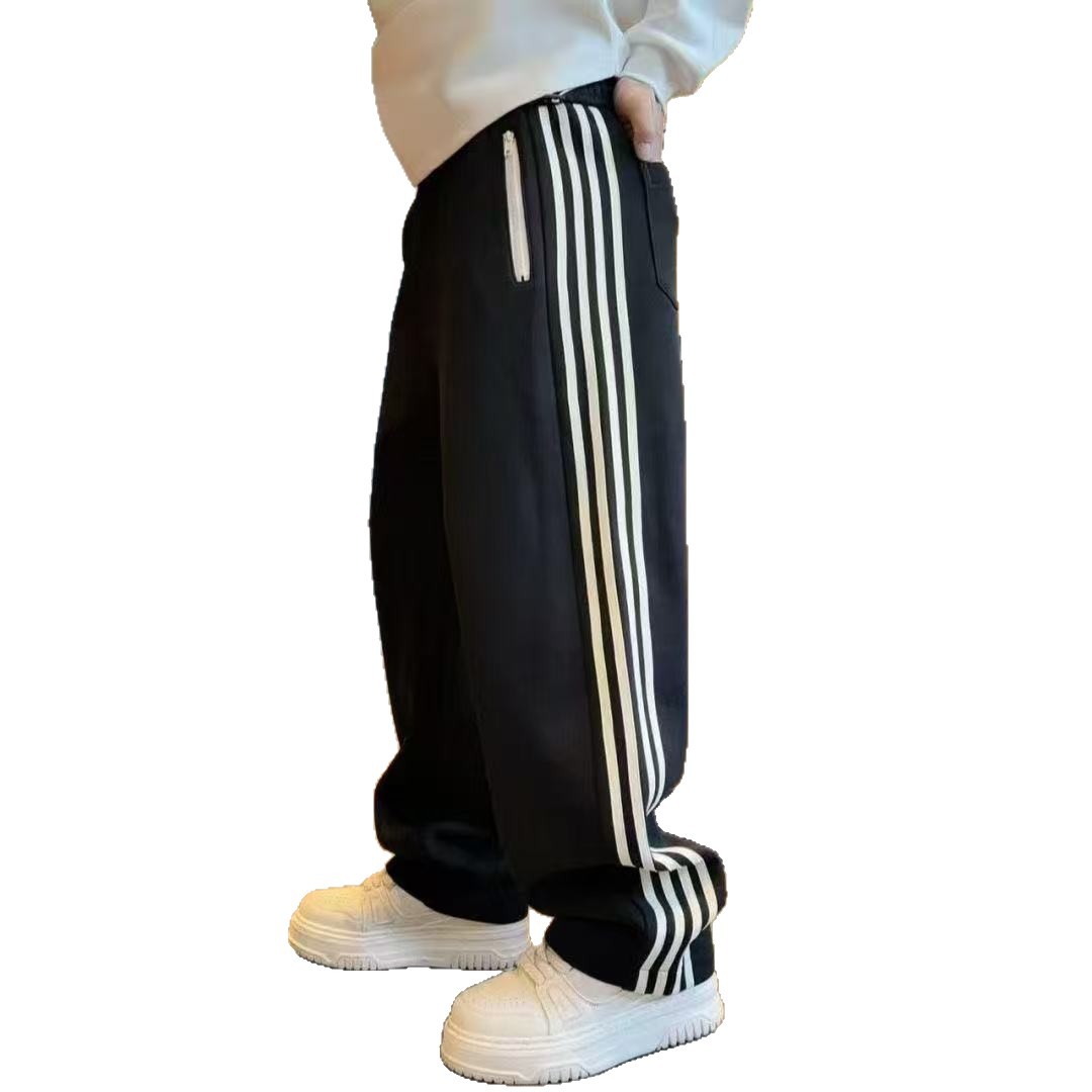Men's Winter Straight Leg Pants 2025 Trendy Four Stripe Color Block Casual Sporty mid Waist Long Polyester Sweatpants_voghion.com