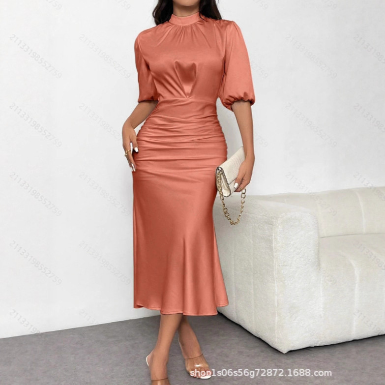 Women's Elegant Puff Sleeve Waist-Cinching Mermaid Shape Solid Color Dress New European and American Amazon Cross-Border