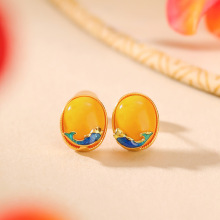 悦宝珠宝S925纯银镀金蜜蜡蛋面锦鲤椭圆时尚中式气质潮流小众耳钉