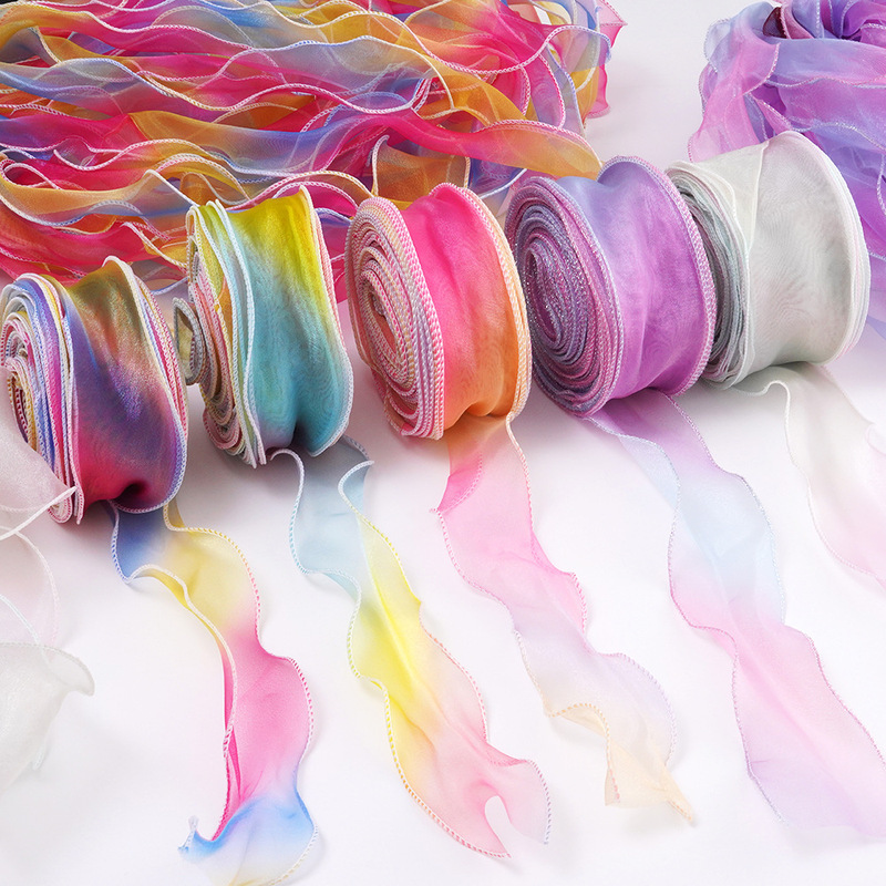 6cm wide gradient color wave curving gauze hand bow material homemade children's hairpin accessories wholesale