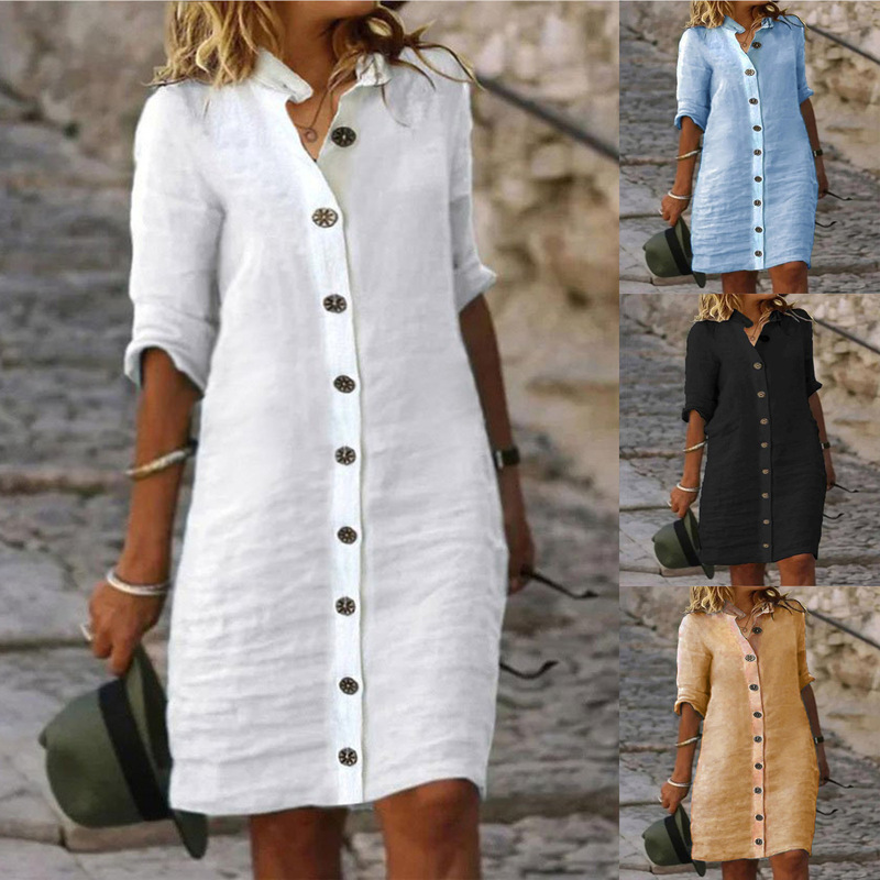 2023 New Cross-border Export European and American Clothing Spring and Summer Shirt Collar Mid-sleeve Large Round Button Cotton and Linen Dress