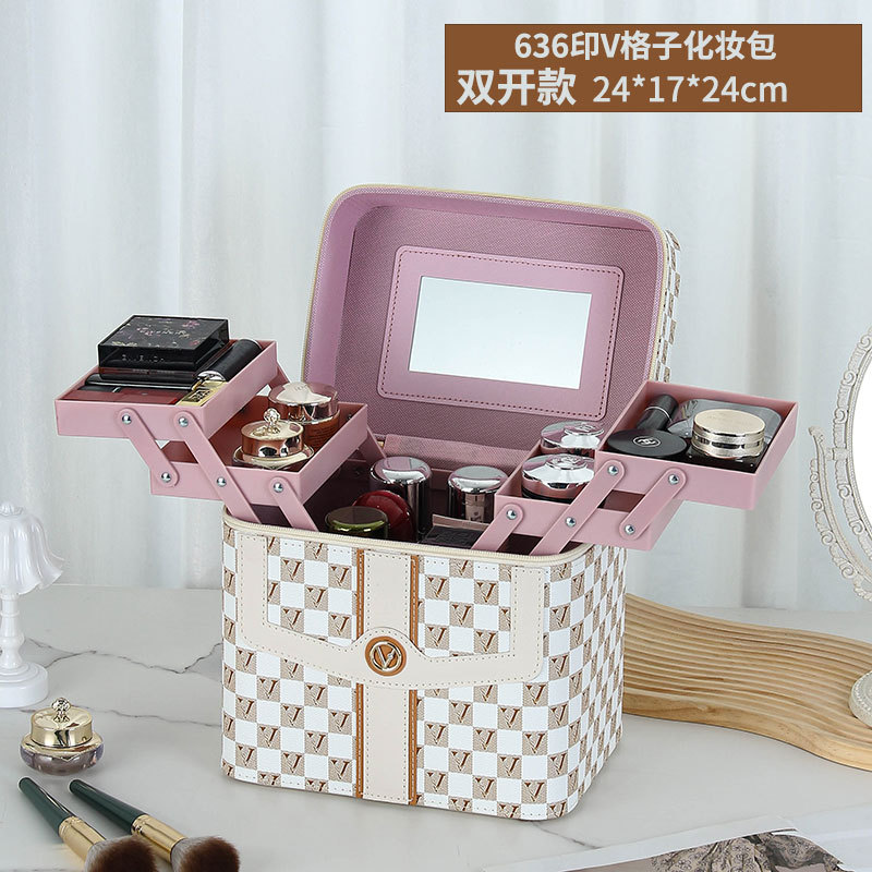Caja de cosméticos a cuadros en forma de V transfronteriza, bolsa de almacenamiento para el cuidado de la piel portátil, caja de herramientas grande multifuncional portátil de alta gama para mujer