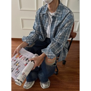 vintage格子衬衫男高级感长袖秋季cleanfit衬衣美式复古做旧外套-阿里巴巴