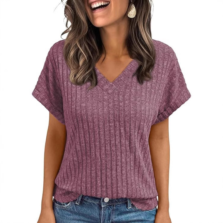 2025 European and American Cross-Border Summer Tops Women's Short-Sleeved Casual V-Neck Pullover T-Shirt