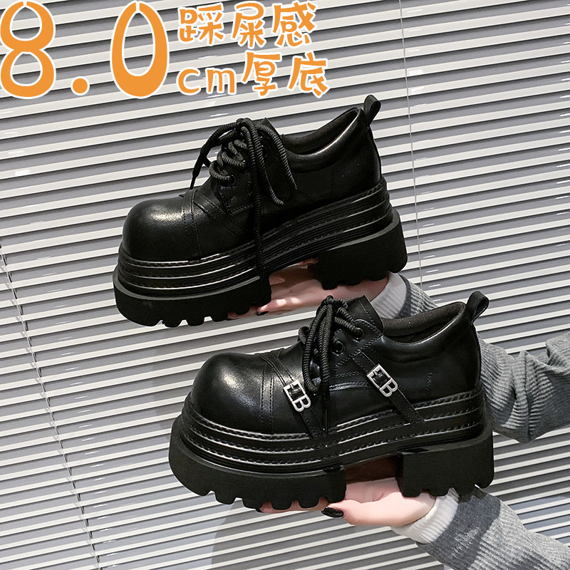 Zapatos de cuero de 8cm de espesor de suela pequeña para mujeres 2025 primavera nuevos zapatos de lazos Lefour muffin altura zapatos Mary Jane