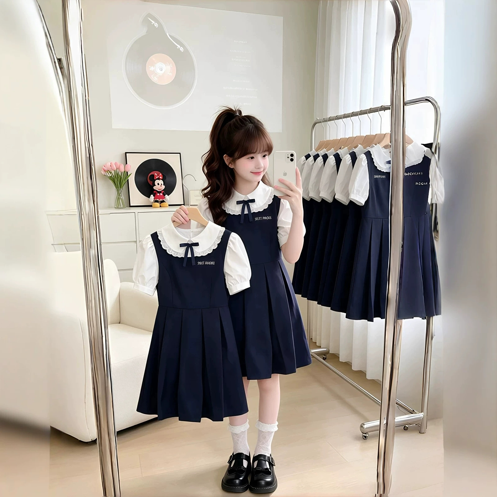 Girls' Peter Pan Collar Dress, Stylish Summer School Style Short-Sleeved Dress for Medium and Large Girls, Thin Summer Clothing