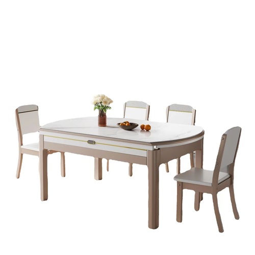 Italian Minimalist Rock Slab Wooden Dining Table and Chair Set for Home Use, Extendable and Foldable, Small Apartment Dining Table, Versatile Round Table and Dinner Table