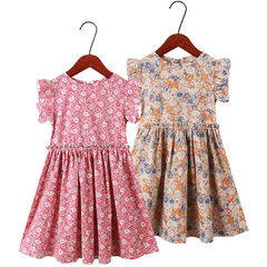 Vintage small floral children's dress with lace sleeves, summer girl's casual dress, cotton V-neck dress, wholesale and dropshipping