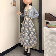 2025早秋一整套法式学院甜美设计毛球格纹连衣裙女+蓝色短款外套
