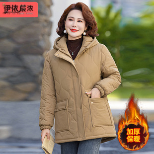 Middle-aged mother new cotton-padded jacket 50-60 years old women's clothing solid color simple not bloated hooded casual cotton-padded jacket