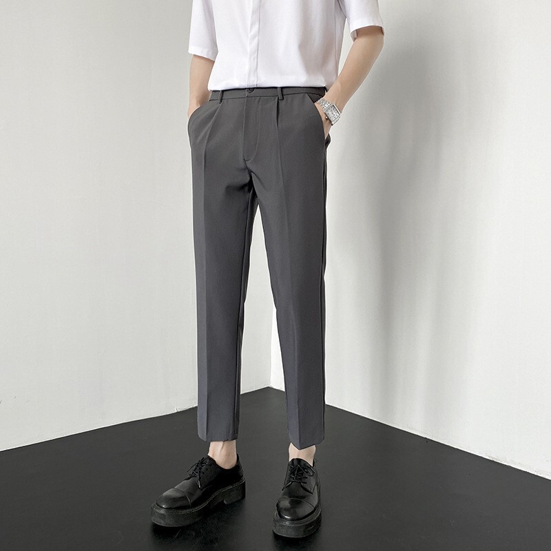 Spring and Autumn Semi-Elastic Waist Cropped Suit Pants for Men, Straight-Leg Casual Pants, Korean Style Trendy Versatile Slim-Fit Dress Pants Spring and Autumn Semi-Elastic Waist Cropped Suit Pants for Men, Straight-Leg Casual Pants, Korean Style Trendy Versatile Slim-Fit Dress Pants