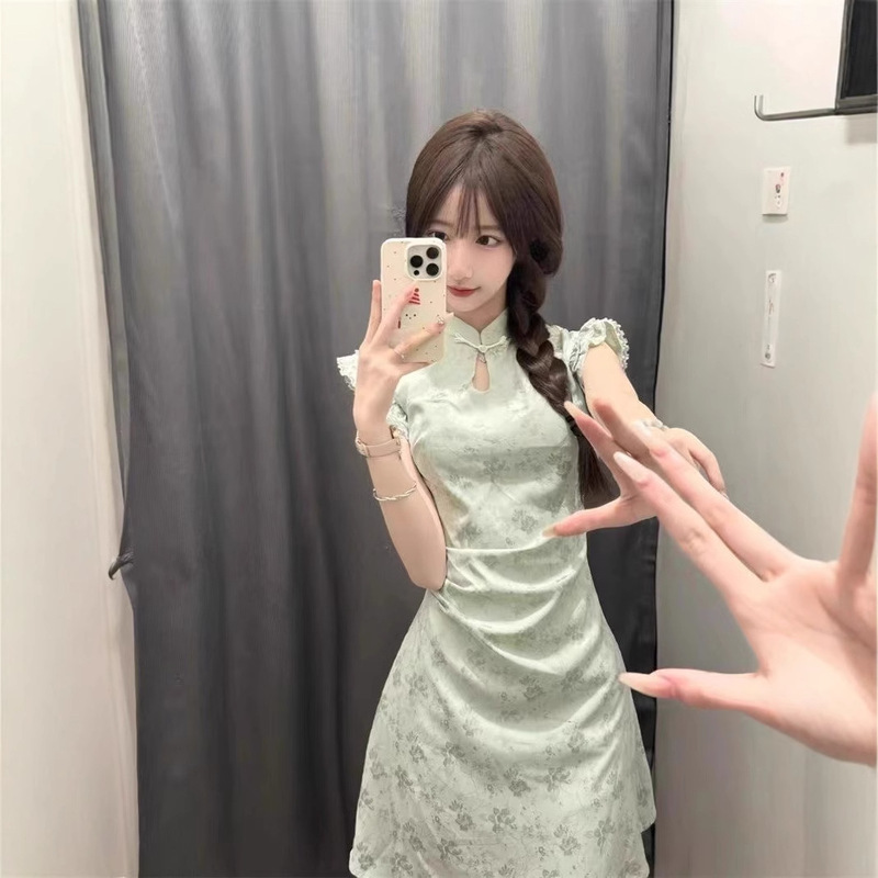 New Chinese Style Improved Cheongsam dress Women's Summer Waist Small Flying Sleeve Green plus size Women's High-end Spring New Arrival