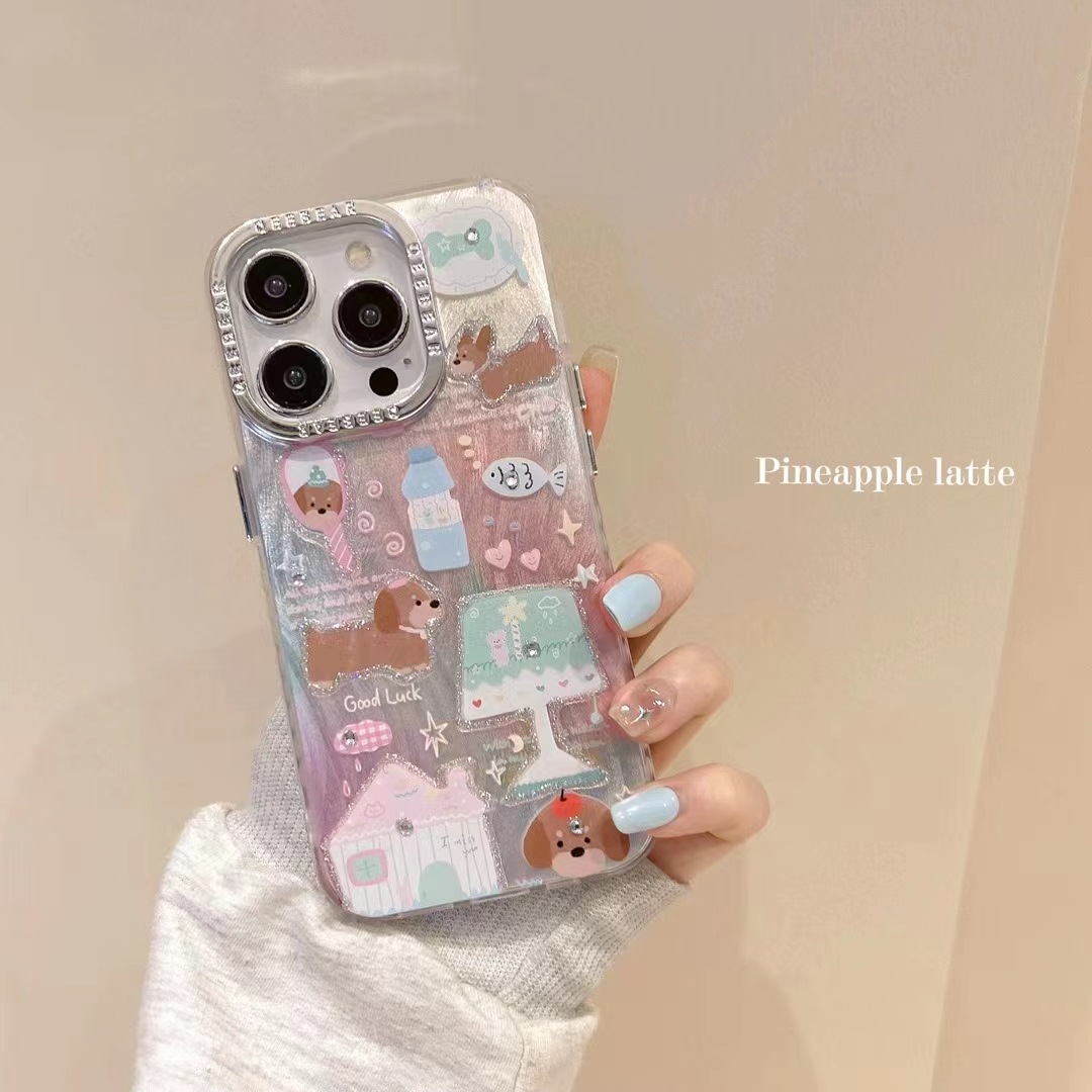 Casa Perro de manzana IPhone15promax Diamante de puntos Apple 15pro funda para teléfono móvil IP13/14 hilo de plumas