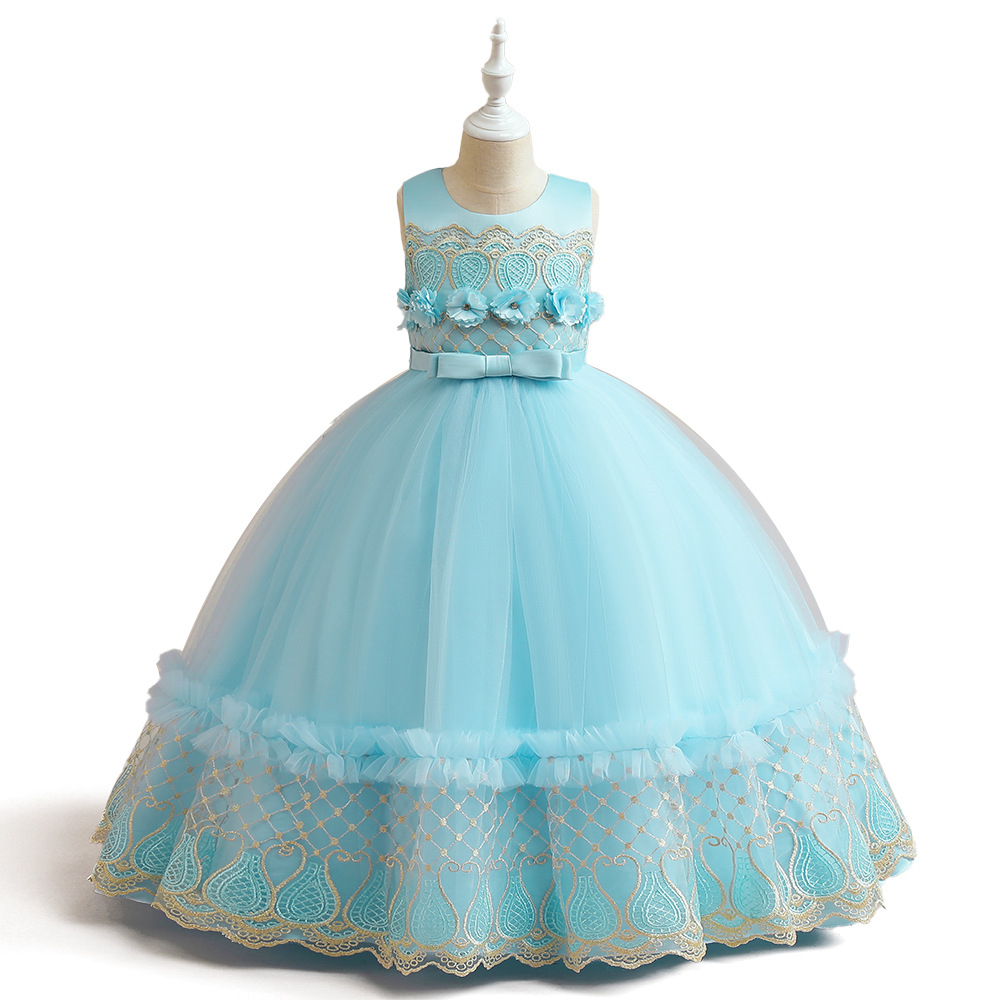 Transfronterizo europeo y americano nuevo vestido de las niñas sin mangas bordado largo de malla mullido vestido de los niños vestido anfitrión