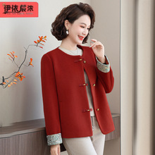 妈妈秋装毛呢短款外套40岁50中老年女春秋气质新中式国风上衣批发