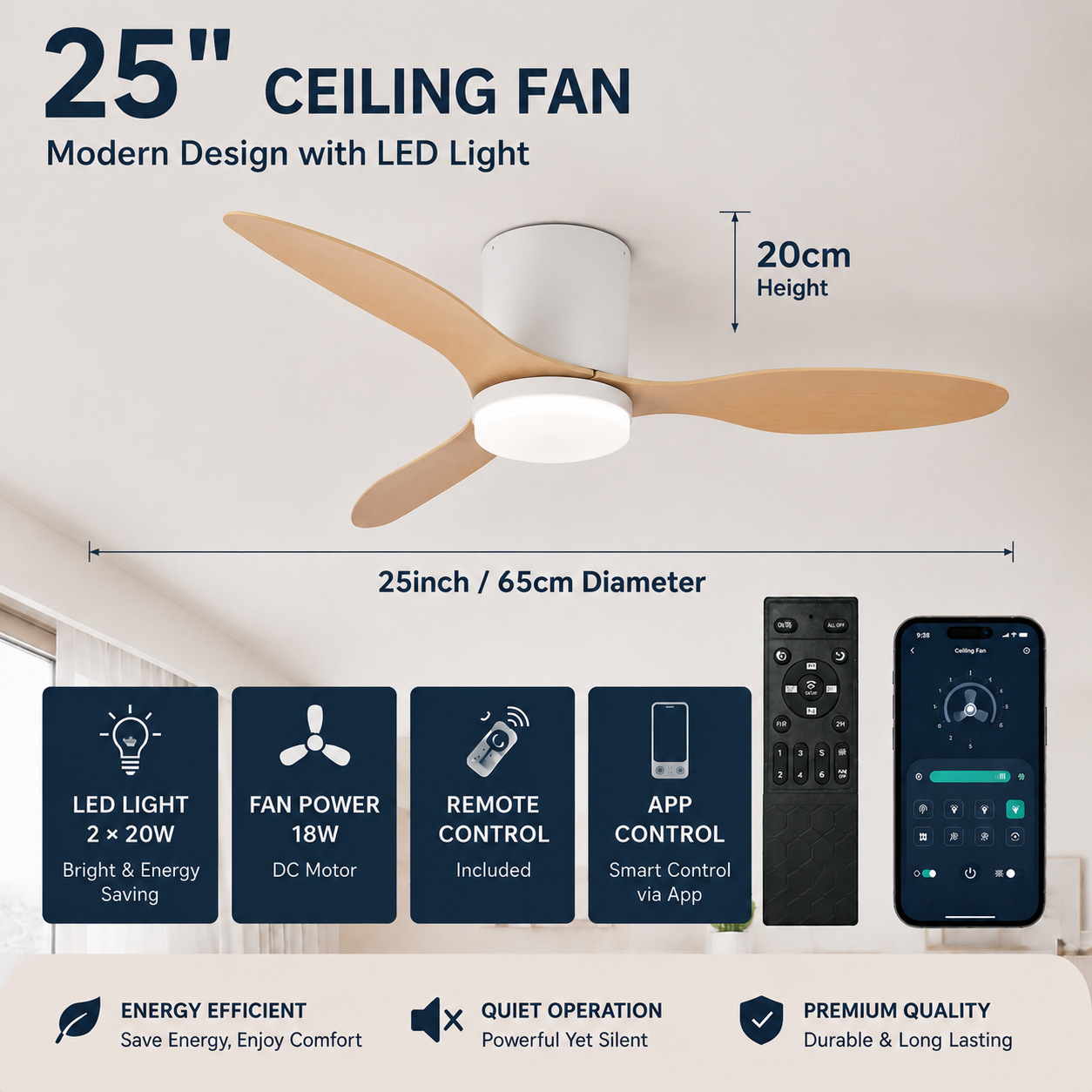 Lámpara Ventilador de Techo Inverter de Plástico ABS Silencioso con Control Remoto para Sala de Estar y Dormitorio