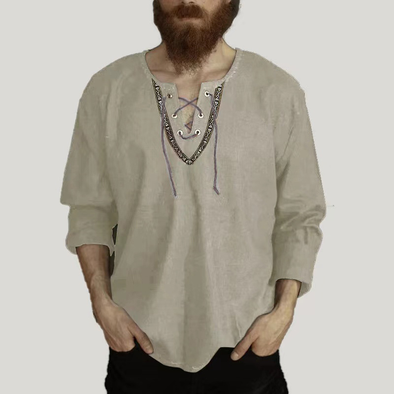 2023 primavera y otoño transfronterizo nuevos hombres europeos y americanos sueltos color sólido cordón camisa de manga larga algodón y lino soporte collar camisa de los hombres