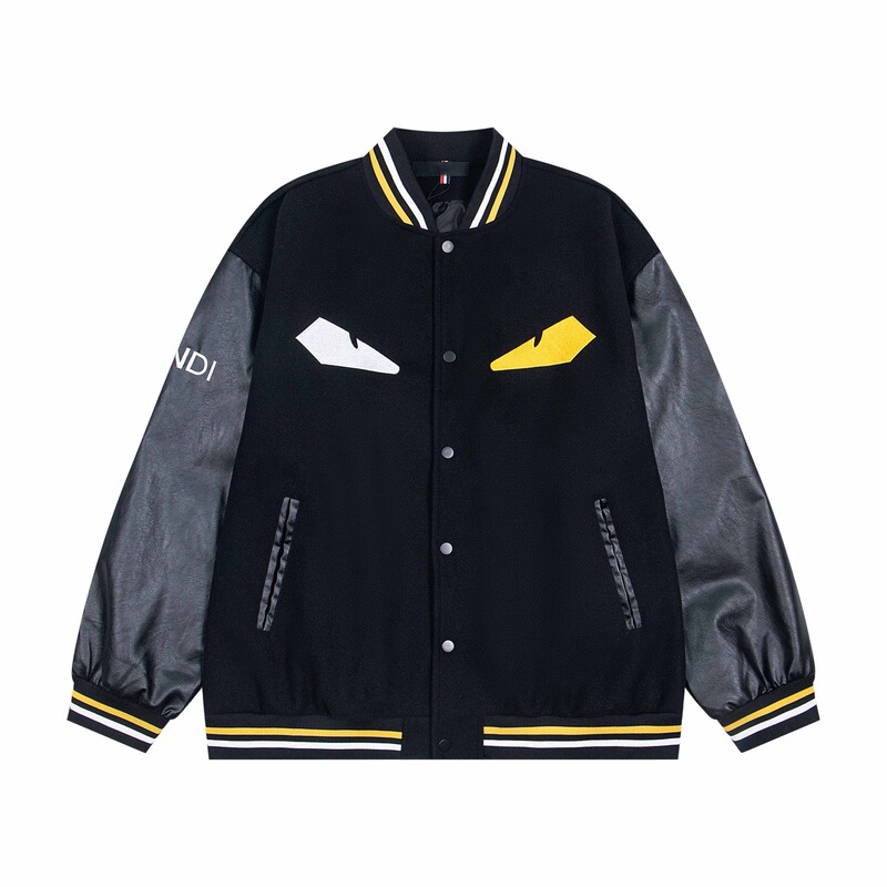 1.1 Authentic 2024 Autumn/Winter Fendi Little Monster Eye Patchwork Sleeve FEN Stand Collar Baseball Jacket for Men and Women 1.1 Authentic 2024 Autumn/Winter Fendi Little Monster Eye Patchwork Sleeve FEN Stand Collar Baseball Jacket for Men and Women
