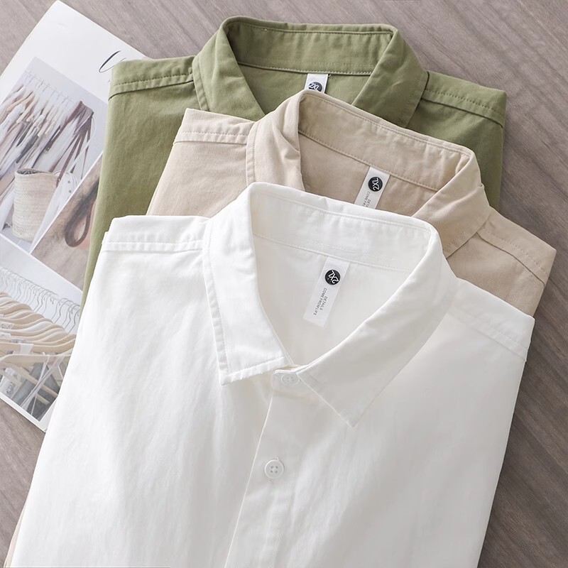 American Heavyweight Long-Sleeved Shirt Men's Autum Loose High-End Pure Cotton Inch Shirt Pure Color White Lapel Shirt Jacket