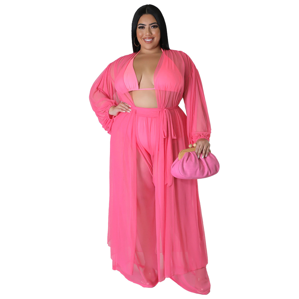 Women's plus Size Batwing Sleeve Two Piece Set European American Style Solid Color See through Long Sleeve Sexy Pants_voghion.com