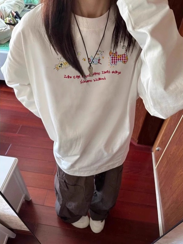 100%纯棉白色长袖t恤女新爆款设计感小众宽松慵懒风内搭打底衫潮|undefined
