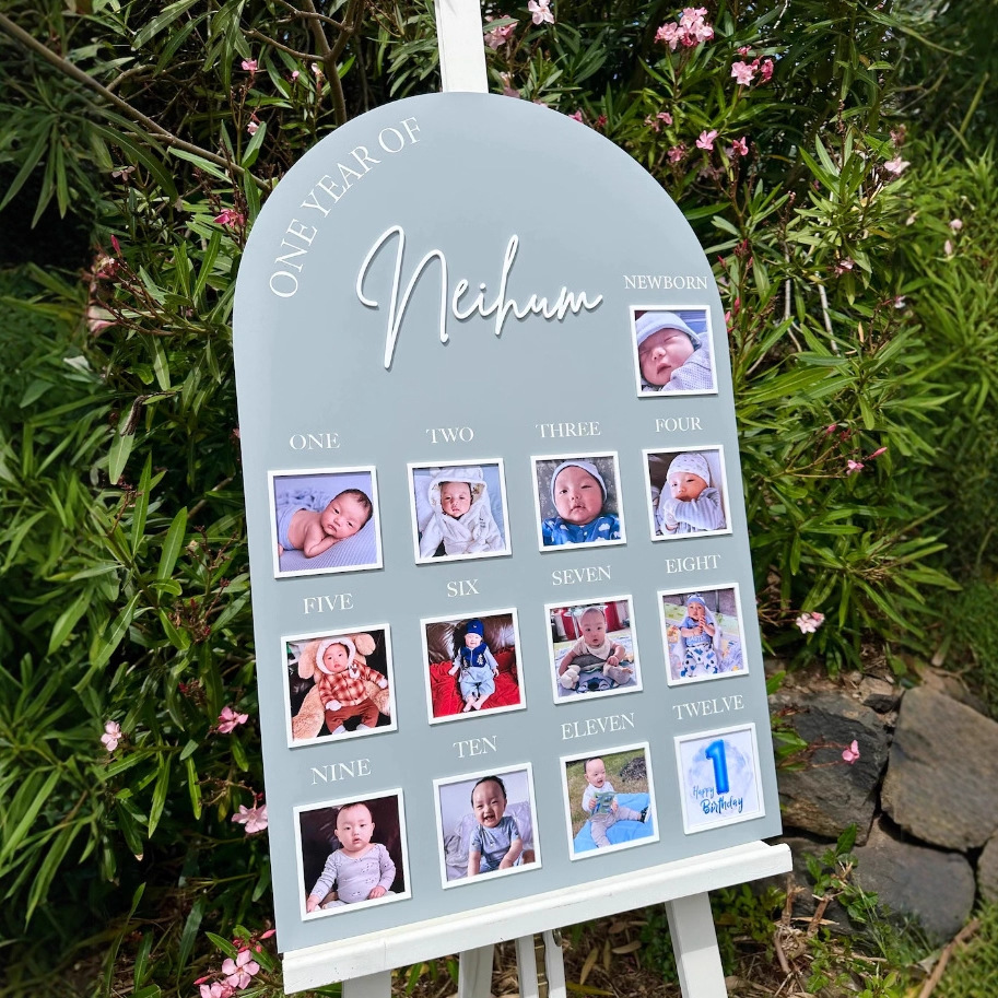Hito de un primer año de cumpleaños tablero de fotos, lenguaje de señas de un año de bebé, tablero de hito, tarjeta de cumpleaños personalizada de un año