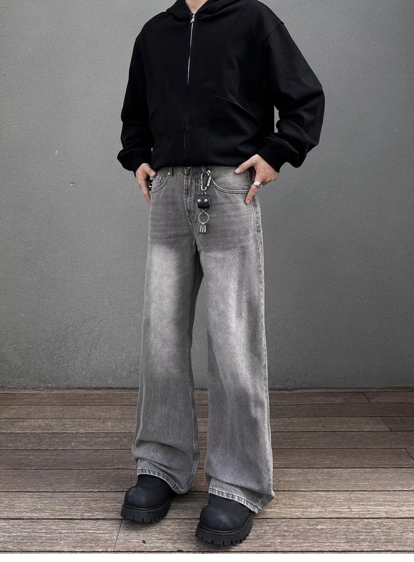 Men's Charcoal Gray Flared Jeans American Style Washed Vibe Straight Leg Loose Fit Casual Pants Mid Waist Slight Stretch_mkmklike.com
