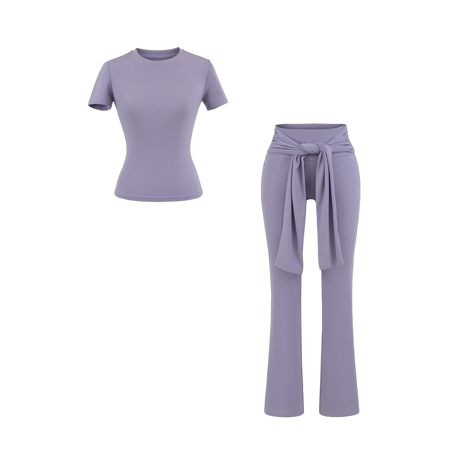 American Basic Sexy Tight-Fitting T-Shirt Short-Sleeved Yoga Sports Suit with Fake Two-Piece Micro-Flared Pants Tied at the Waist