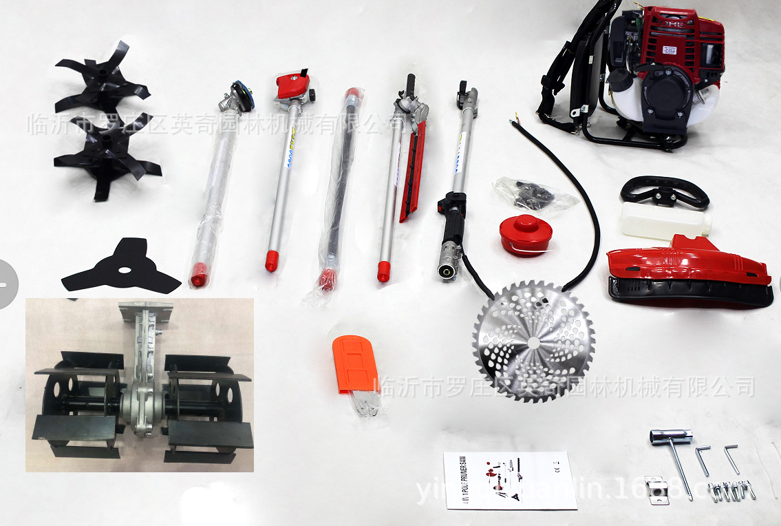 Cortadora de césped multifuncional a gasolina KJ, sierra para ramas altas, cortasetos, máquina pequeña multifuncional para el suelo para remover tierra y hacer zanjas