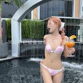 夏季新款网红性感泳衣两件套女挂脖聚拢胸罩配内裤比基尼游泳装潮