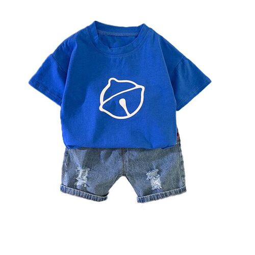 Summer 2024 new Korean style short-sleeved children's suit cartoon boy summer suit two-piece jeans children's clothing