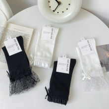 秋冬黑白純色蝴蝶結jk波點蕾絲花邊芭蕾少女風堆堆襪甜美風中筒襪