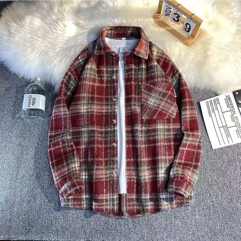 Spring and Autumn Loose Trendy Casual Long-Sleeve Woolen Plaid Shirt, Unisex Jacket, Non-Iron Flannel Plaid Spring and Autumn Loose Trendy Casual Long-Sleeve Woolen Plaid Shirt, Unisex Jacket, Non-Iron Flannel Plaid