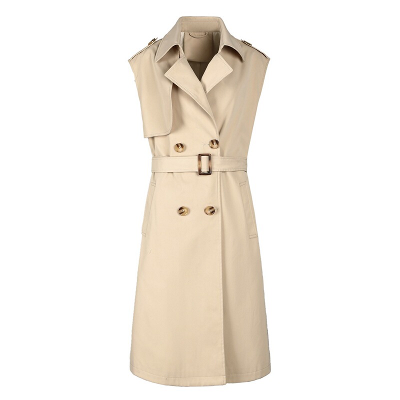 Cross-Border Women's Old Money Style Double-Breasted Sleeveless Trench Coat with Belt, Long Elegant and Stylish Vest-Style Sleeveless Trench Coat Cross-Border Women's Old Money Style Double-Breasted Sleeveless Trench Coat with Belt, Long Elegant and Stylish Vest-Style Sleeveless Trench Coat