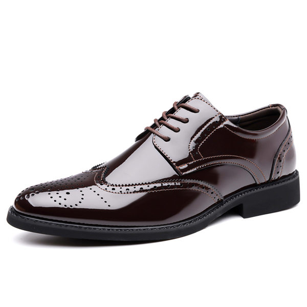 Giày tây nam da bóng kiểu Brogue khắc họa tiết mũi nhọn buộc dây — giày màu nâu, giày đen
