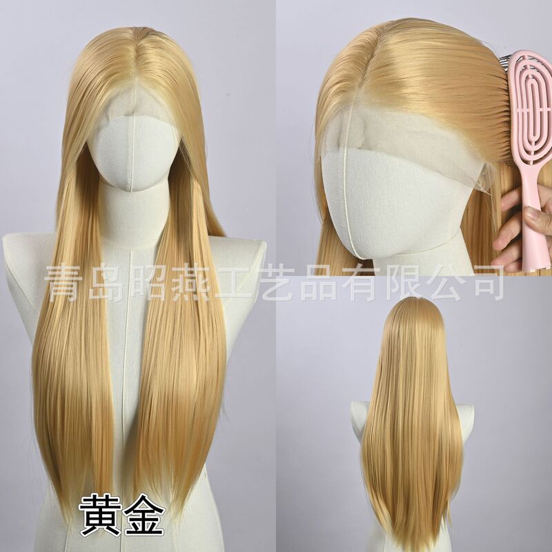 万用白金色13*4大面积手勾前额蕾丝全头套假发女cos自然手钩毛胚|undefined