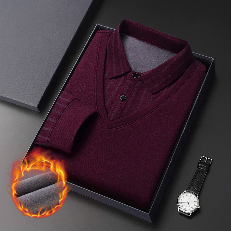 Fleece-forrado solapa casual de los hombres Top nuevo negocio versátil de los hombres de manga larga engrosada caliente camiseta de polo de los hombres