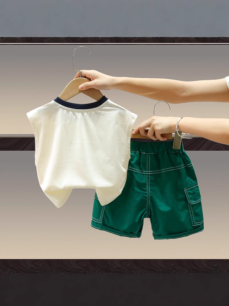 7922 traje de chaleco de verano para niños 2025 nuevo estilo ropa de dibujos animados para niños chaleco sin mangas de dos piezas de moda image 2