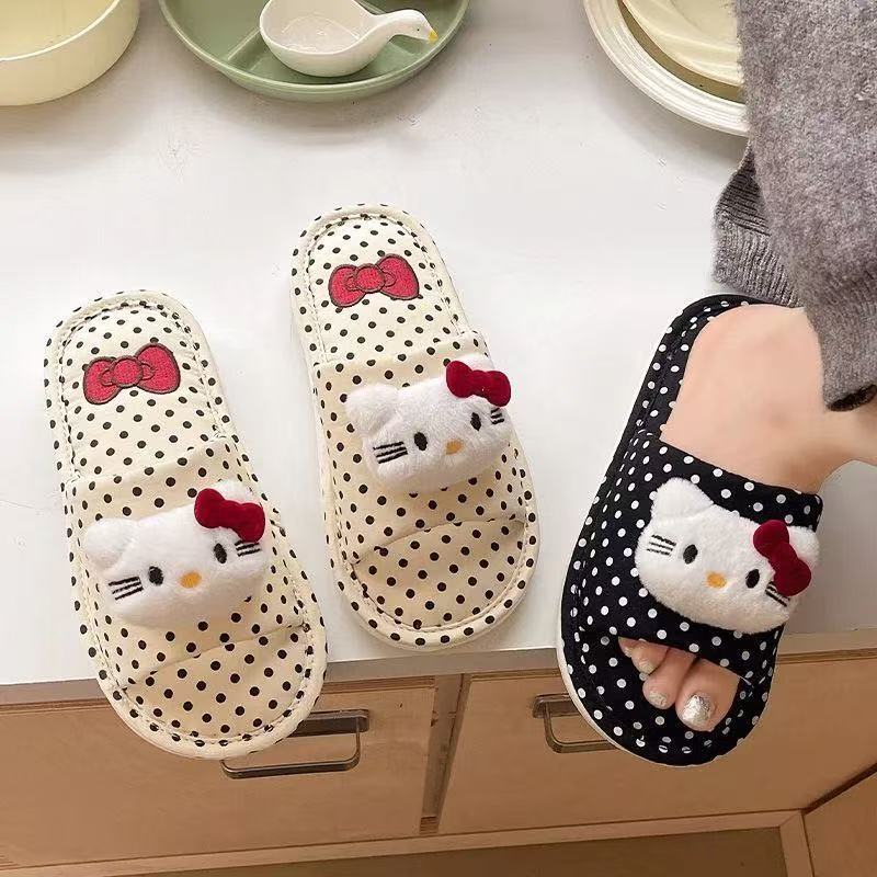 HelloKitty波点棉麻拖鞋女可爱卡通居家防滑包头拖鞋四季亚麻布拖