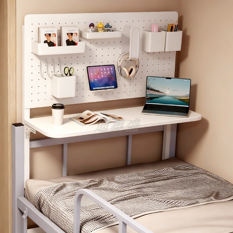 Foldable dormitory pegboard bed table, a storage solution for the end of the bed, a lazy person's computer desk, and a pegboard shelf Foldable dormitory pegboard bed table, a storage solution for the end of the bed, a lazy person's computer desk, and a pegboard shelf
