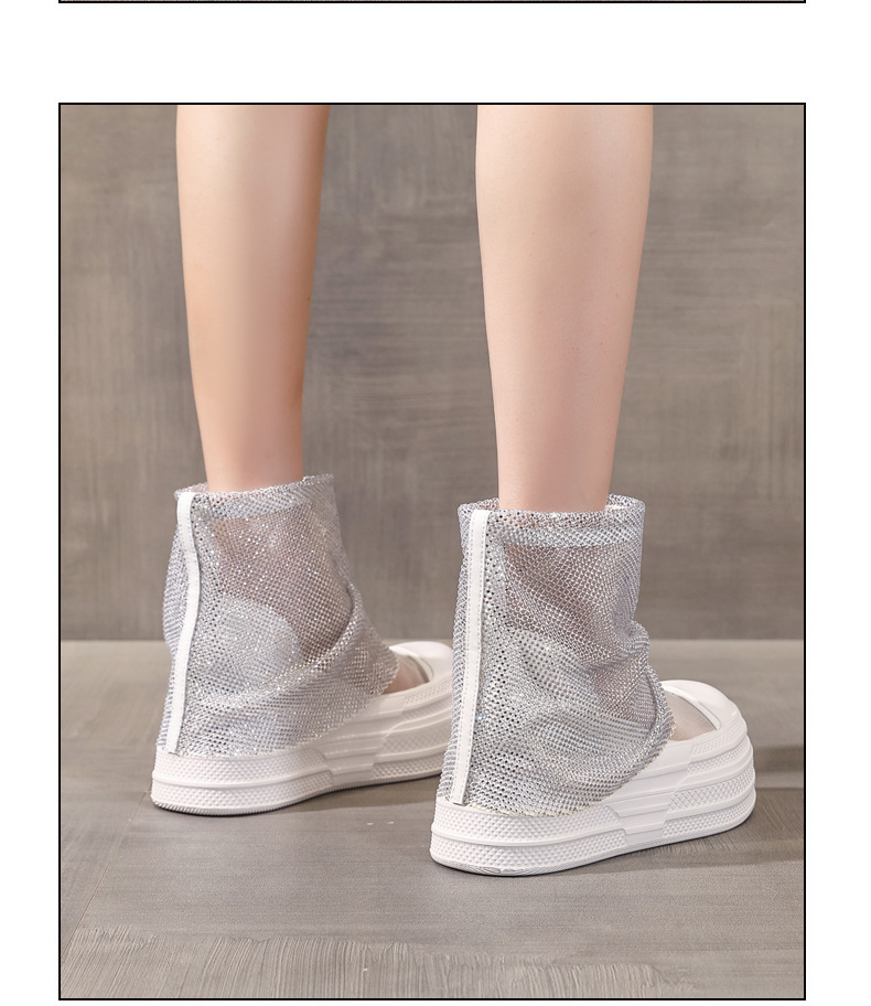 Boot cổ thấp nữ đế dày tăng chiều cao, lưới thoáng khí đính đá rhinestone — màu đen, màu trắng chi tiết 12