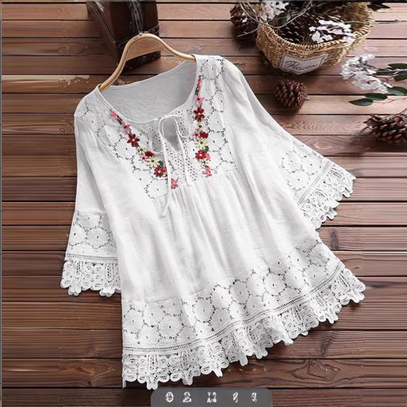 Cross-Border Hot-Selling New Summer Amazon Cotton-Linen Patchwork Lace Trim Elegant European and American Style Loose-Fitting Women's Top