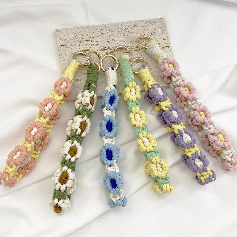 波西米亚田园风手工小雏菊钥匙扣 亚马逊跨境编制花朵挂件手腕带