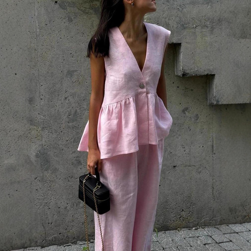 2025 Cotton V Neck Sleeveless Top Vest Pants Suit Women's European and American New Pure Color Elegant Work Clothing Two-Piece Set