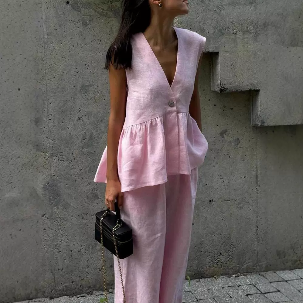 2025棉质V领无袖上衣马甲长裤套装女欧美新款纯色气质通勤两件套