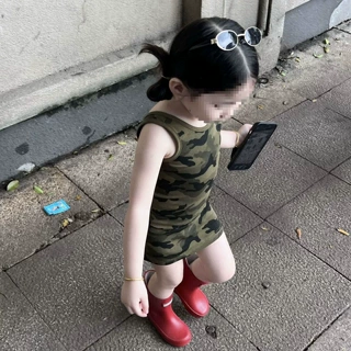 女童连衣裙夏季女孩洋气迷彩印花背心裙宝宝时尚吊带裙子0214A082
